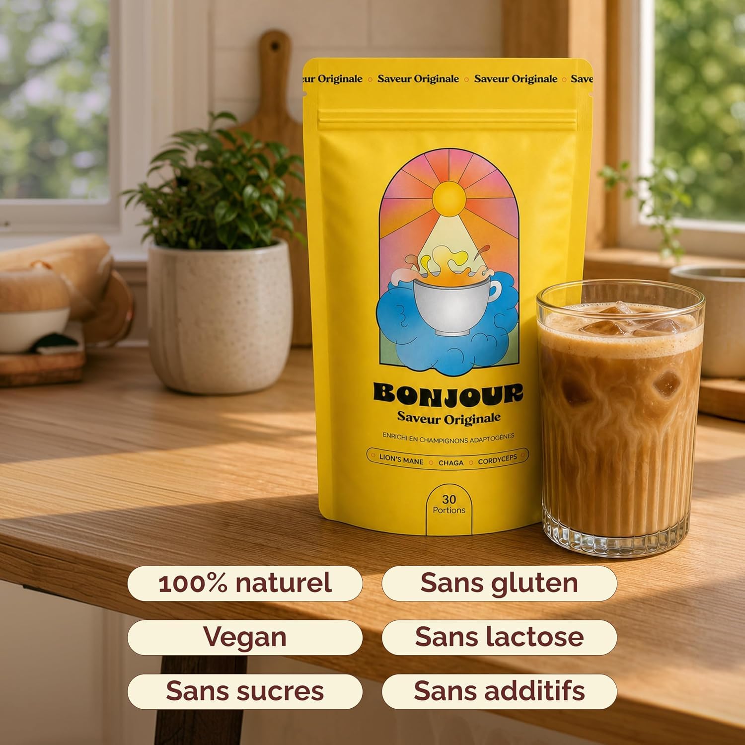 BONJOUR – Boisson Cacao aux Champignons Lion's Mane, Chaga, Cordyceps, Plantes Adaptogènes Ginseng et Vitamines B12, D3, E, K2–Zinc, Sélénium, Fibres, Sans Sucres, Vegan–Fabriqué en France–45 Portions