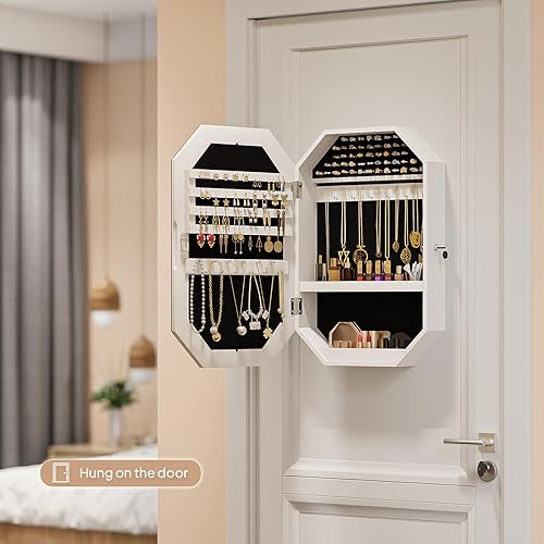 Miniatura 7 de Bonnlo Armario de joyería moderno en forma de diamante, organizador octogonal con cerradura con espejo, montado en la pared para ahorrar espacio