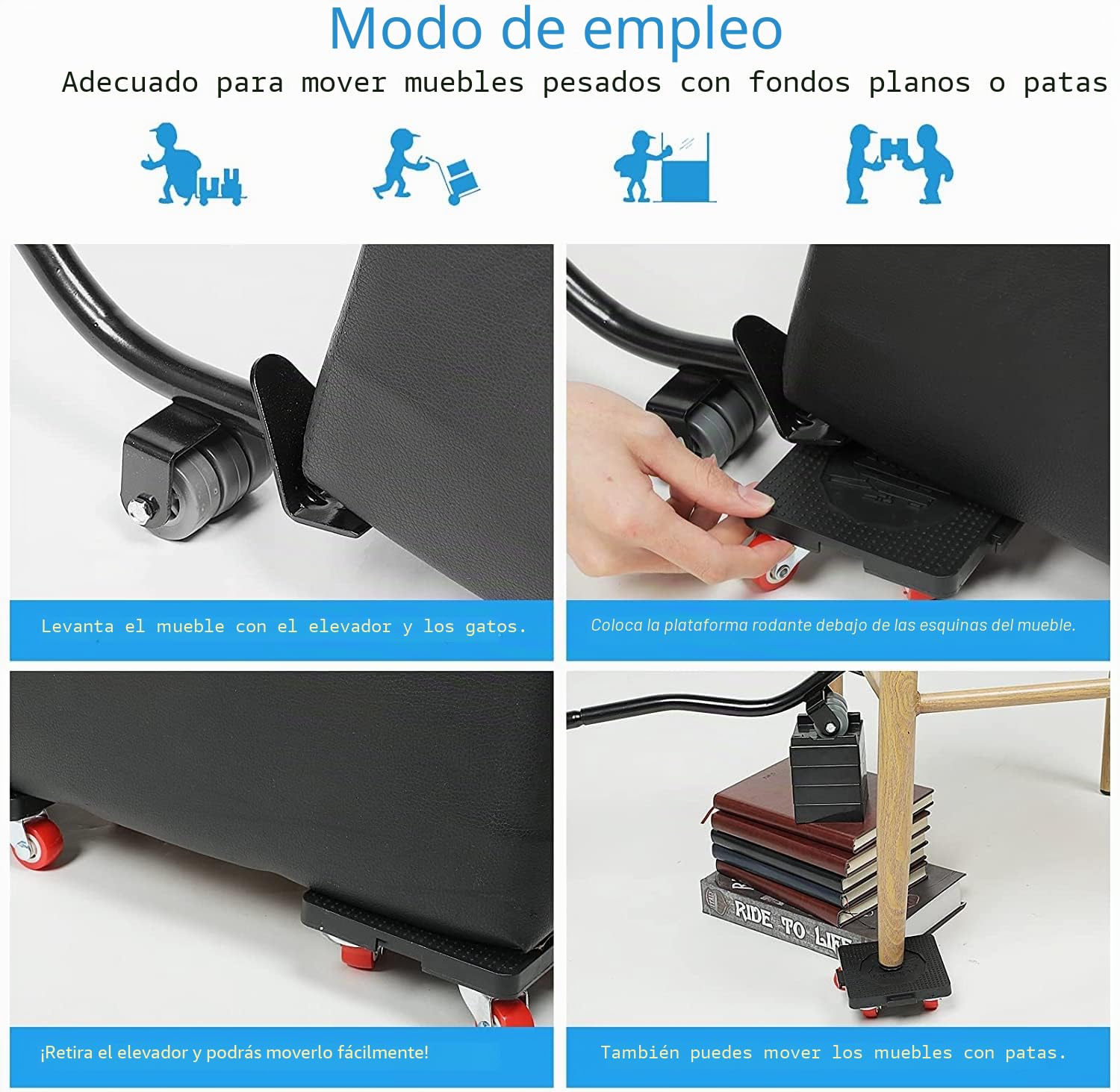 Elevador de Muebles Pesados con Barra de extensión y 4 Patines de Muebles con Ruedas, Capacidad de Carga de 400 kg, Juego de Herramientas para Mover Muebles