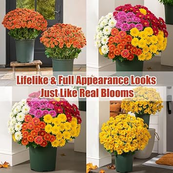 Artificial Sunset Mums, Artificial Outdoor Sunset Mums Flowers - UV Resistant, Waterproof, Windproof, Faux Flower for Outdoor Planters, Artificial Flowers, Look Real, Full, Vibrant (15, Mix)