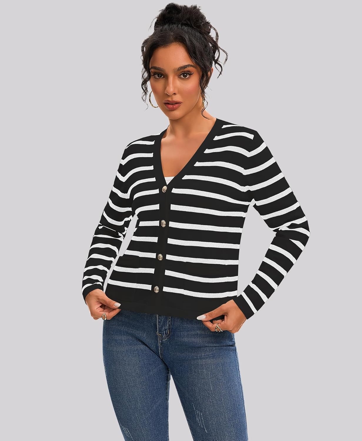 Women's Striped Cardigan Sweaters - Long Sleeve Button Down V Neck Knit Cardigans Classic Casual Tops for Women - Image 2