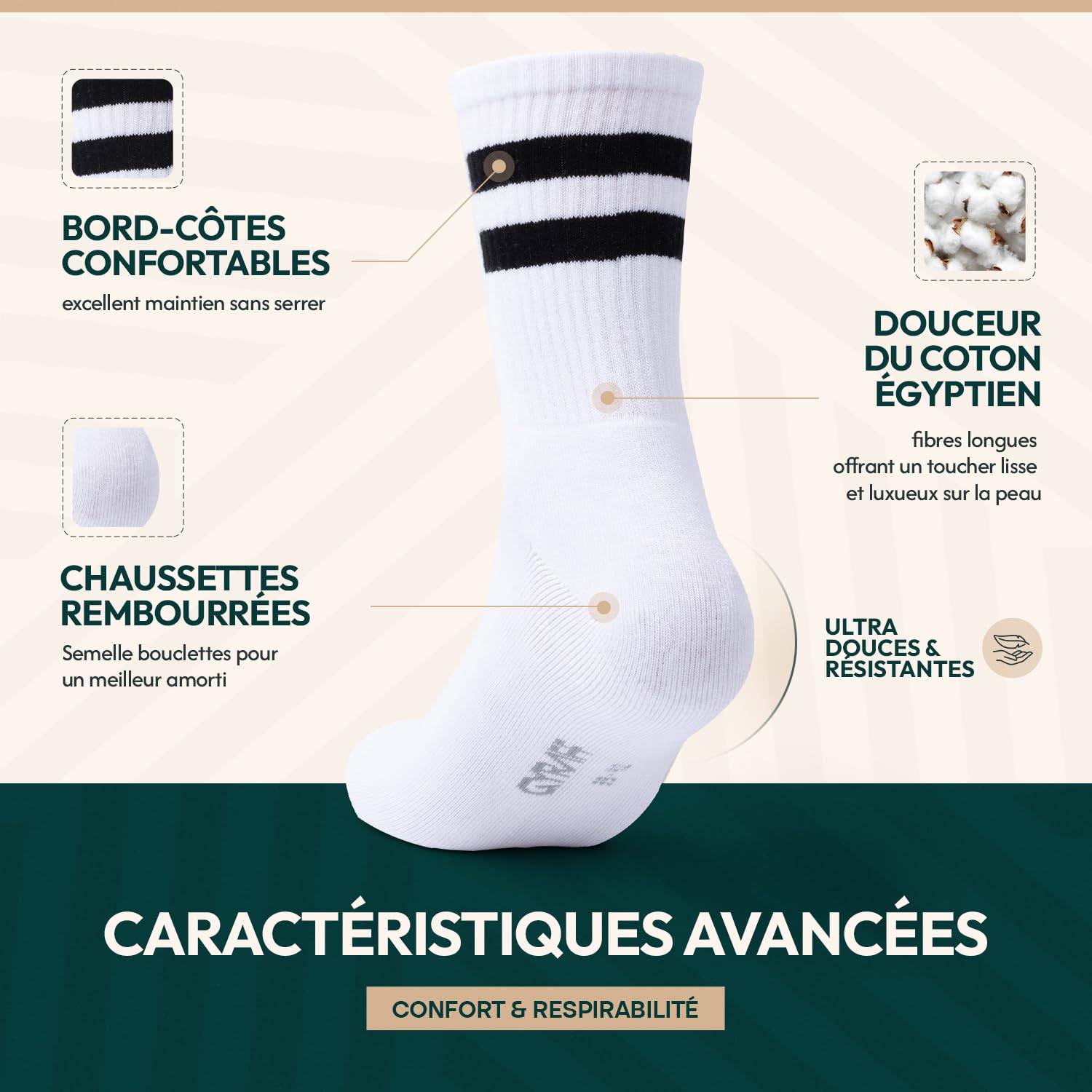 Chaussettes de tennis premium en coton égyptien, sans couture, douces, rembourrées, anti ampoule, lot de 3, mi mollet rayée de sport, anti transpiration, femme homme, blanche, 35-38, 39-42, 43-46
