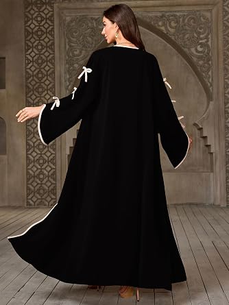 Elegant Colorblock Belted Abaya Open Front Bow Tie Islamic Modest Fashion Dress