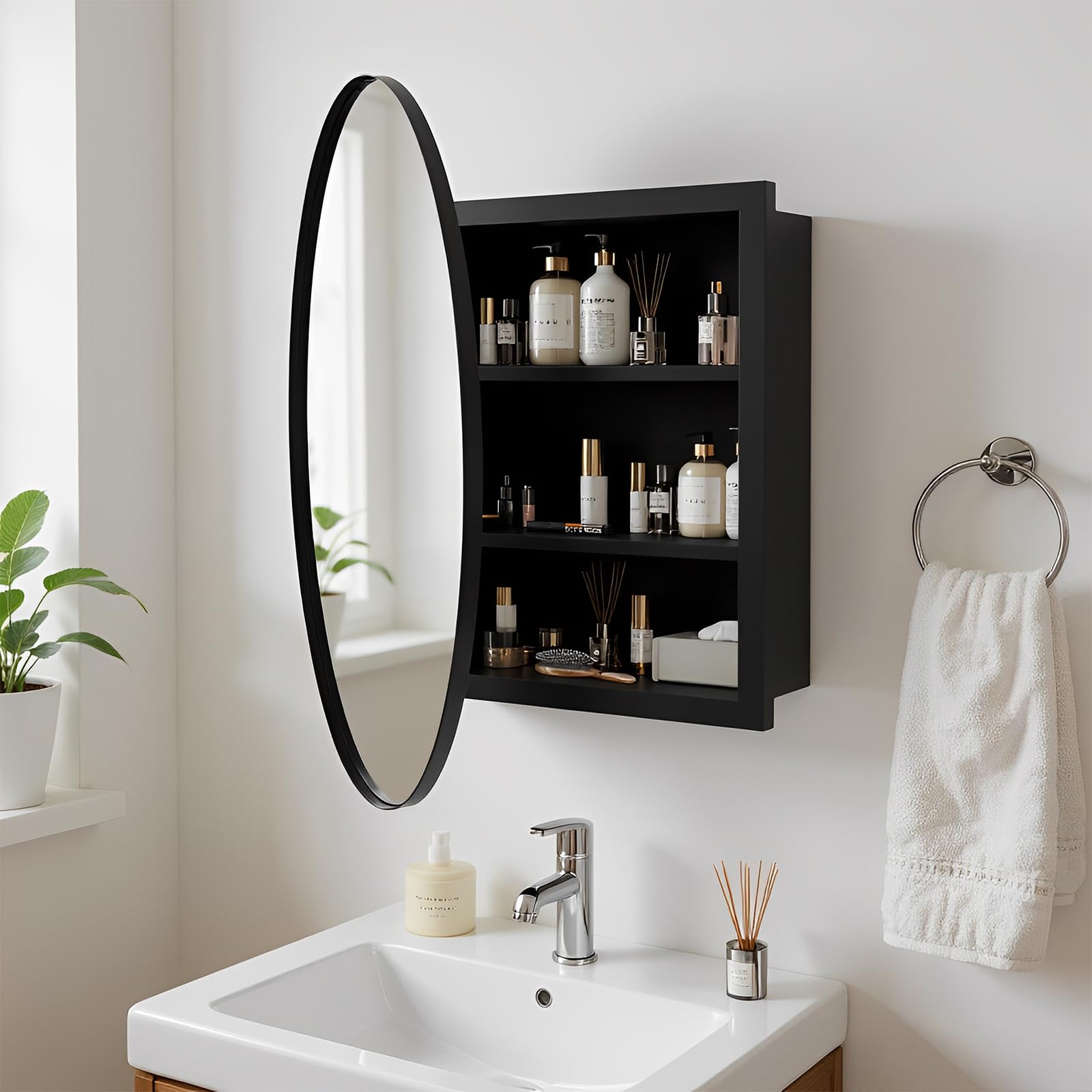 Spiegelschrank Bad mit Metallrahmen für die Wand, 36.5 x 52 cm, Abgerundeter rechteckiger Spiegel, Badezimmerspiegelschrank mit 3 Ablagefächern, beweglichen und verstellbaren Fächern