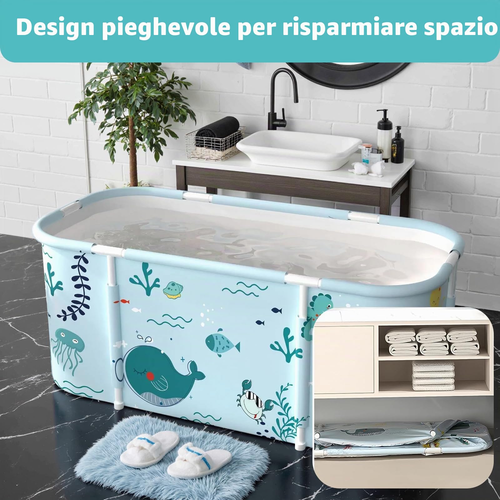 Vasca da bagno pieghevole per adulti, 140X50X55cm Vasca da bagno portatile con cuscino e schienale, vasca da bagno SPA per doccia, vasca da bagno pieghevole indipendente per adulti e bambini, stile