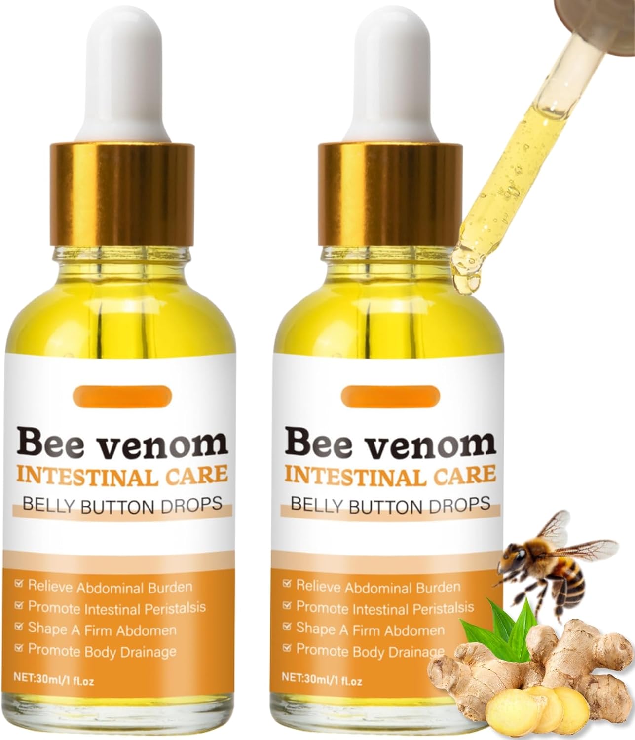 2PCS Bee Venom Belly Button Drops, Bee Venom Lymphatic Drainage Drops, Natural Herbal Skin Firming Body Cream Ginger Oil Essence, Tightening & Shaping Body Care Serum for Belly, Intestinal, Hand, Leg