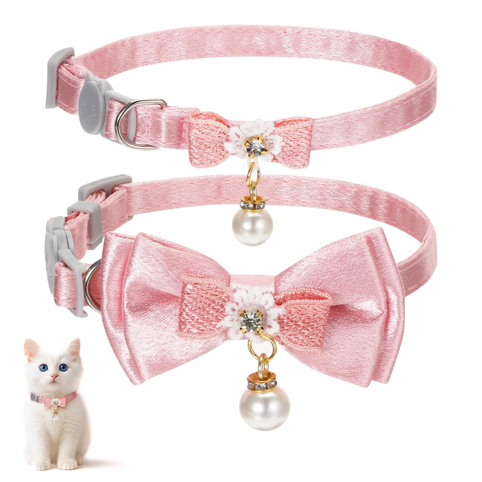Jeffdad 2Pcs Cat Collar Breakaway, Pink Bowtie Cat Collar with Pearl Pendant Quick Release Safe Buckle Cute Cat Collars for Girl Cat