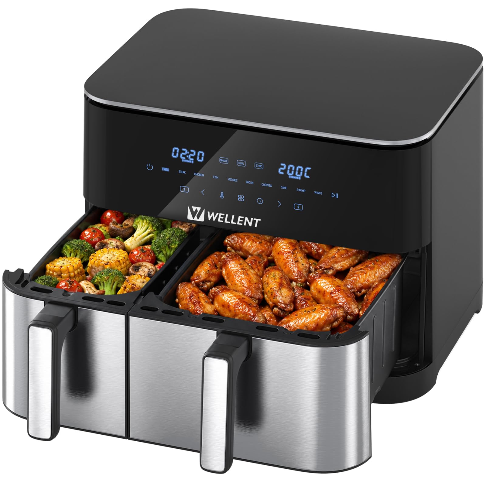 WELLENT XXL Airfryer 2 Kammern 2600W 10-in-1 Heißluftfritteuse Doppelkammer Dual Zone Heissluftfritteuse mit Touchscreen,Schüttelerinnerung,Spülmaschinenfest