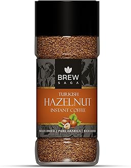 Turkish Hazelnut Instant Coffee, 100% Arabica, Freeze-Dried, Flavored Coffee Powder, 100g Granules, Makes 50 Cups, No Added Sugar, Home & Office Use