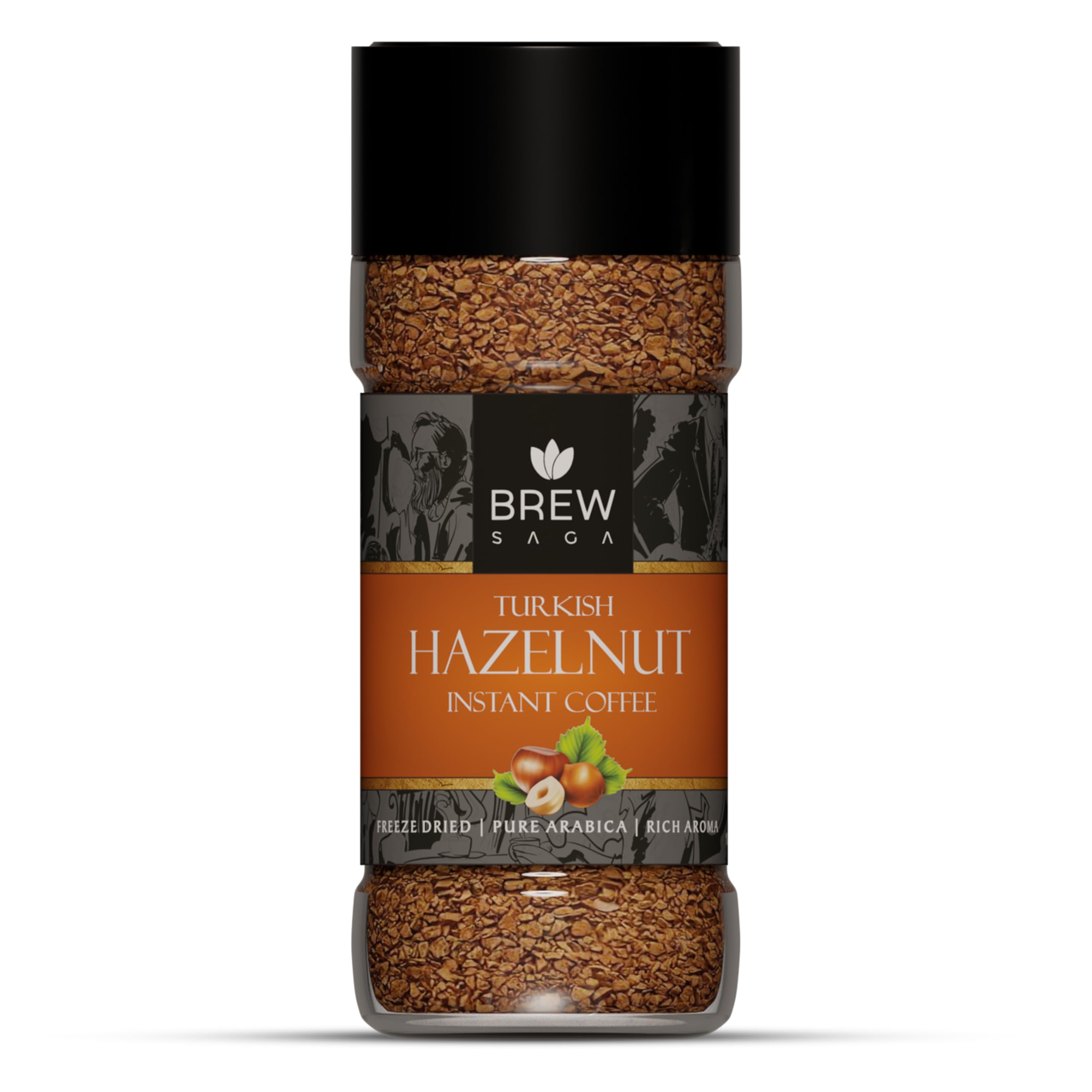 BREWSAGA Turkish Hazelnut Instant Coffee, 100% Arabica, Freeze-Dried, Flavored Coffee Powder, 100g Granules, Makes 50 Cups, No Added Sugar, Home & Office Use