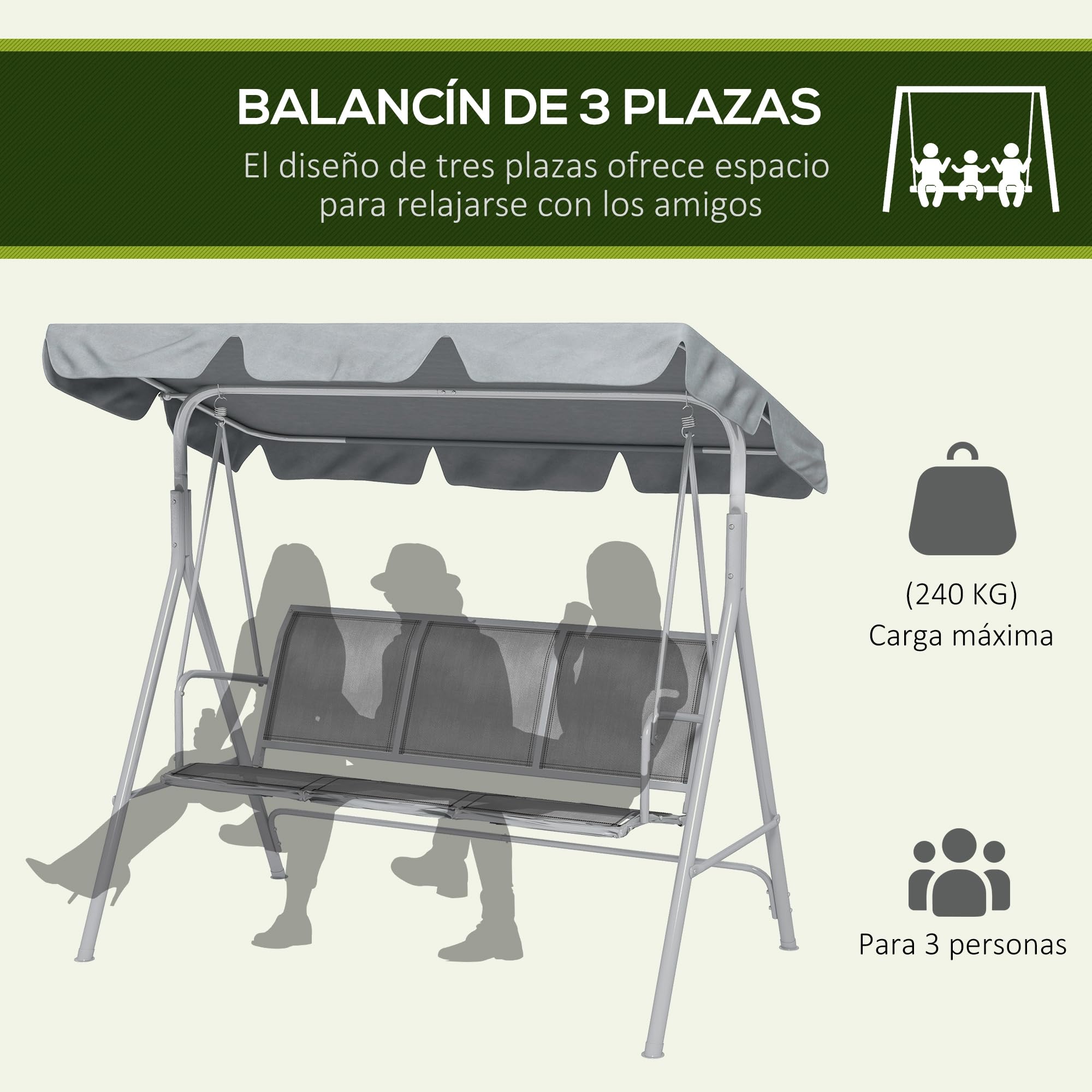Outsunny Columpio Jardín Exterior Balancín Jardín Exterior de 3 Plazas con Toldo Ajustable Respaldo Transpirable y Marco de Metal para Terraza Balcón Carga 240 kg 171x108x154 cm Gris
