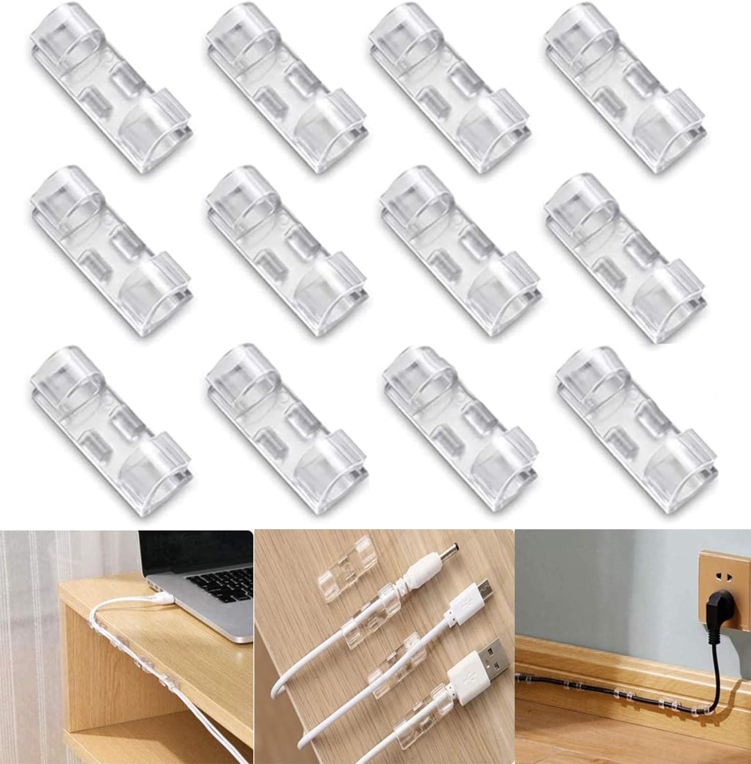 20 Pieces Wire Organizer Cable Management Clip Desktop Cord Hook with 3M Adhesive Foam (Transparent)