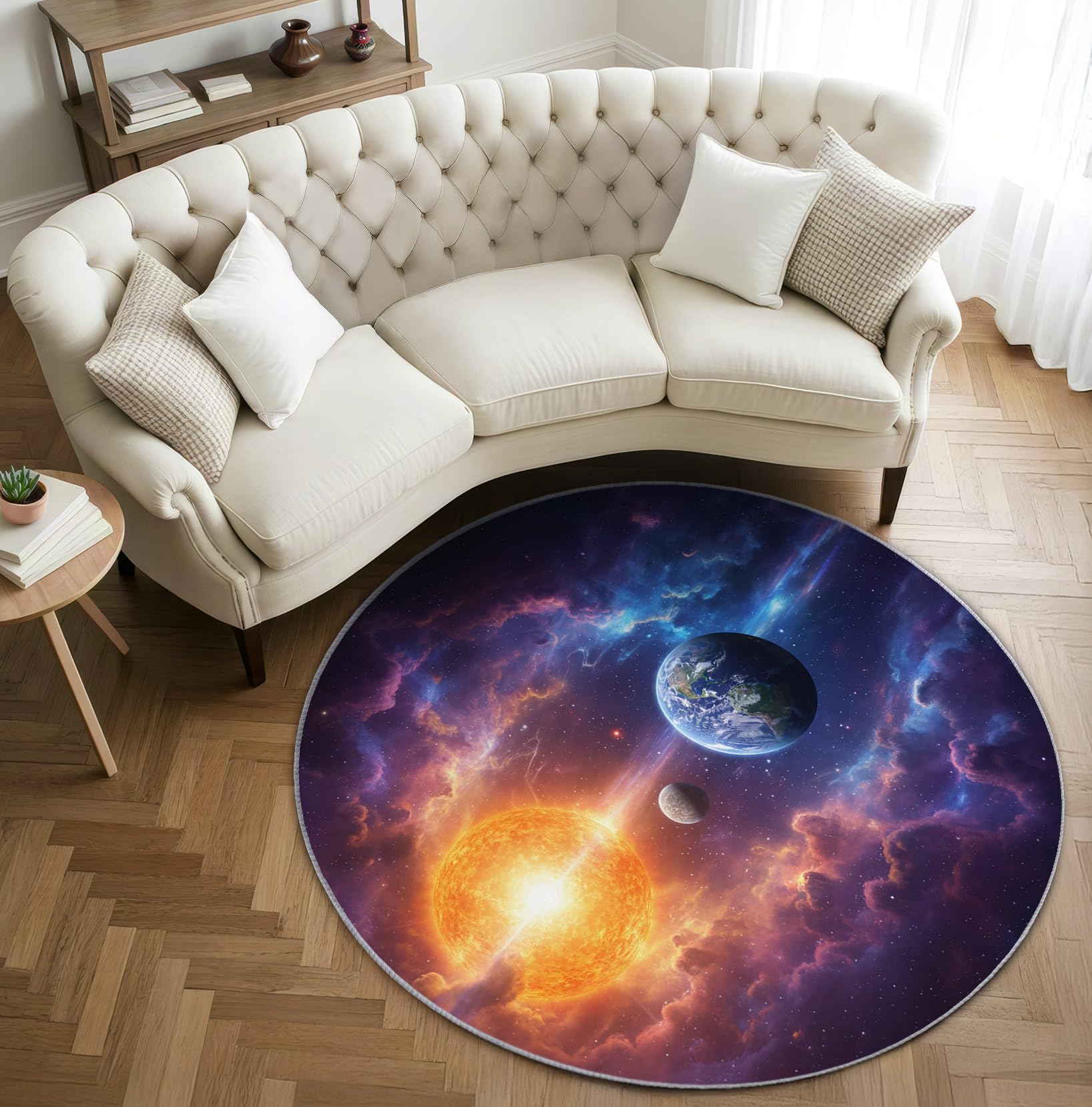 Sternenhimmel Teppich Rund 120cm Kurzflor - Waschbare Teppiche Wohnzimmer Kinder Planeten Galaxie Kosmos - Runder Teppich 120 Durchmesser Kinderzimmer - Schlafzimmer rutschfest Weich