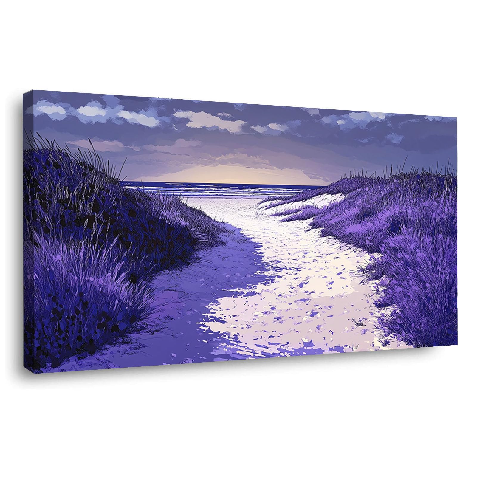 WIKEO Beach Pictures on Canvas Wall Art Abstract Beach Scenery Modern Prints Seaview Landscape Artwork - for Living Room Bedroom Home Office Wall Decoration(Purple 4)-20x40cm Framed