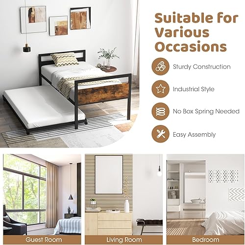 Miniatura 7 de Giantex Sofá cama de metal con nido, cama nido individual con soporte de listones de metal y cabecera de grano de madera rústica, cama de día que