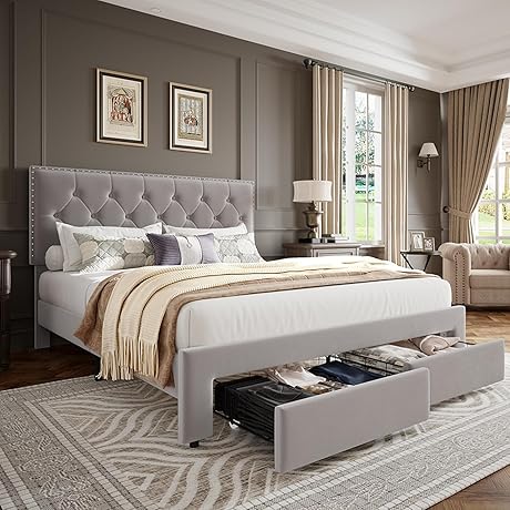 King Leer Upholstered Bed Frame: Vintage Elegance with Practical Storage