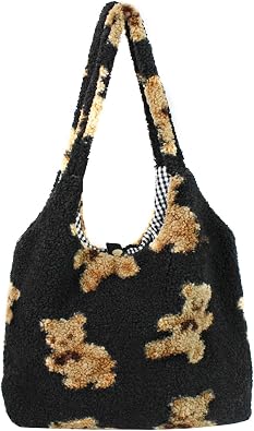 Women Plush Shoulder Bags Cute Bear Pattern Plush Tote Handbag Girls Shopping Dating Bag