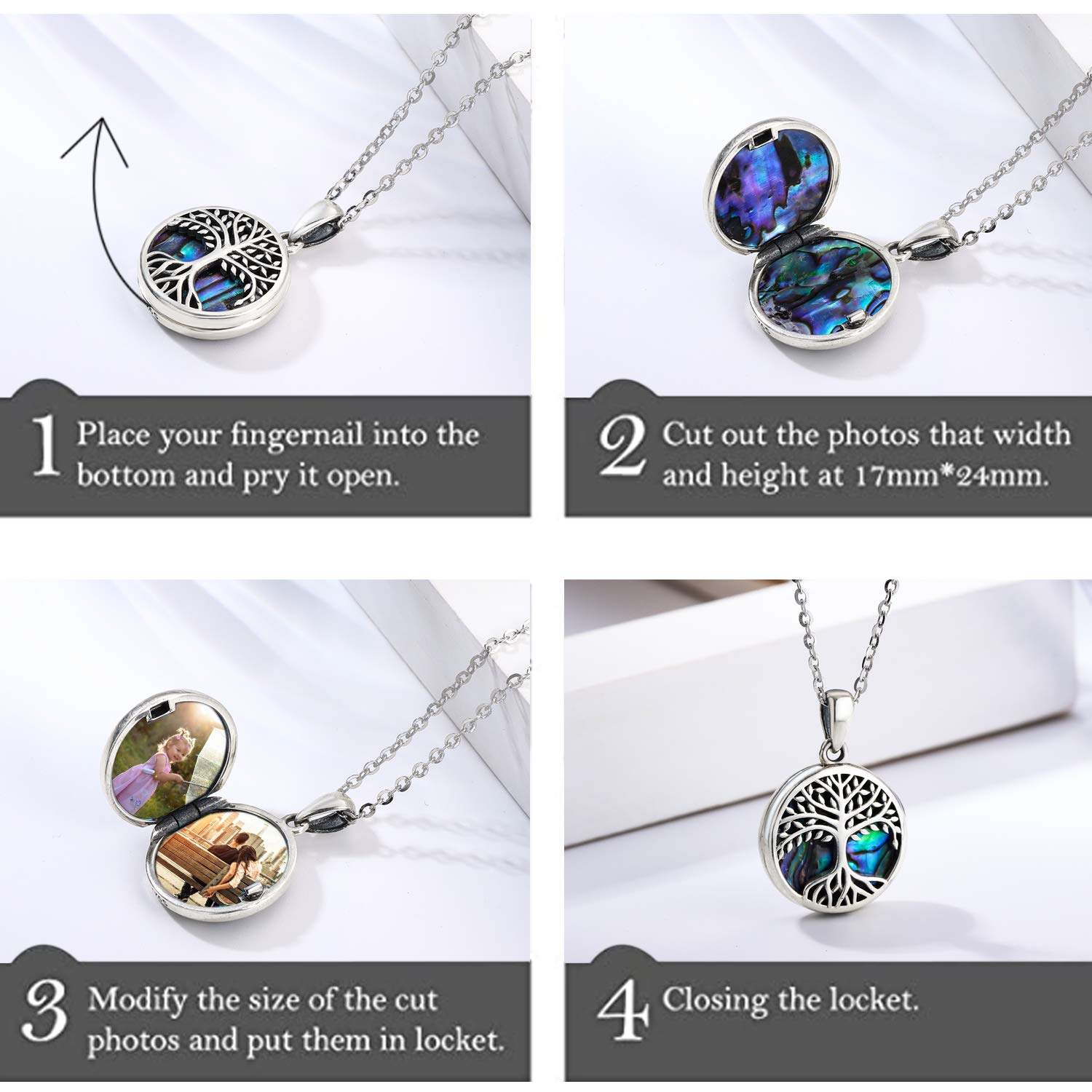 Medaglione albero della vita Medaglione a cuore per donna Ciondolo conchiglia di abalone Medaglione con 2 foto Collana per donna Collana con nodo celtico Fiore della vita