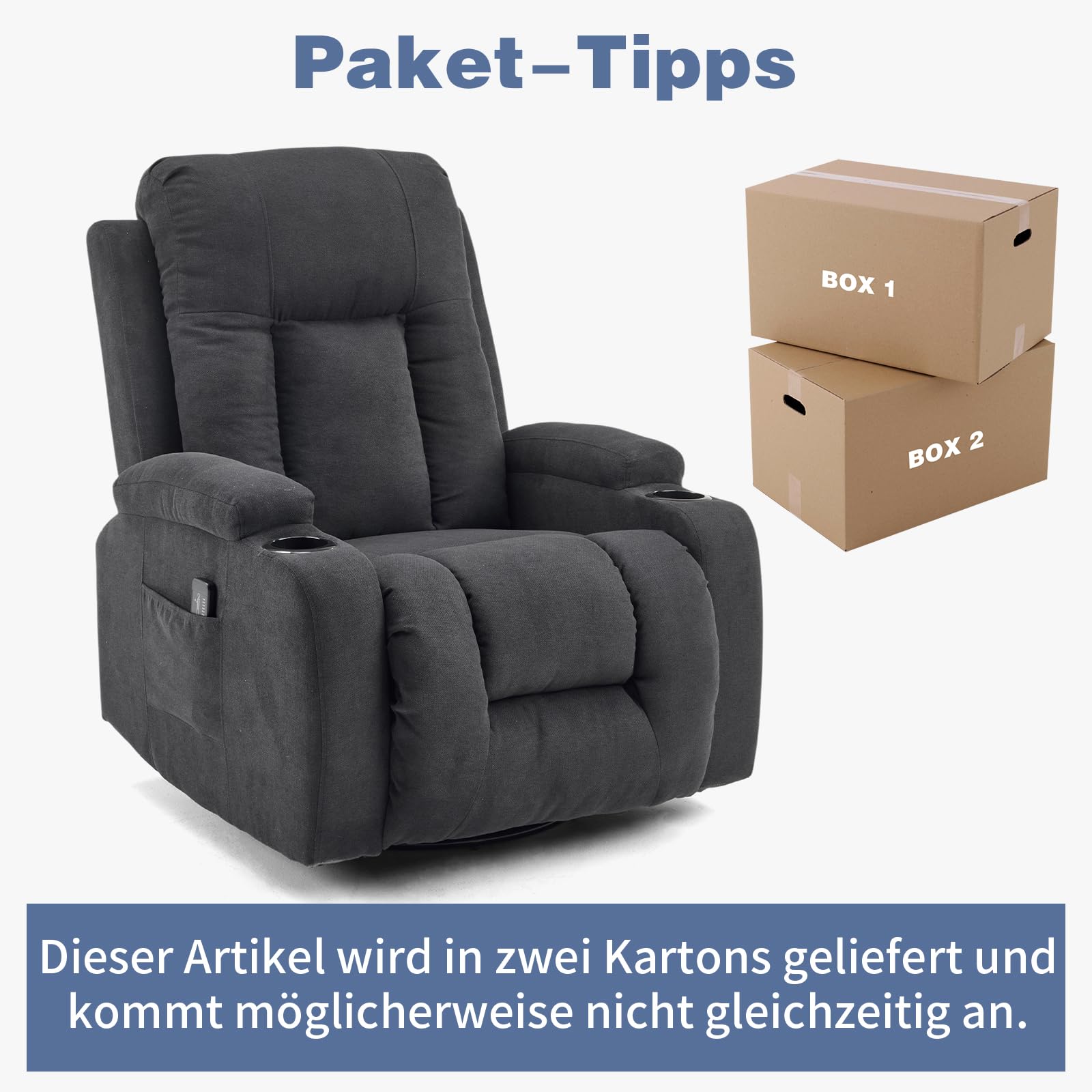 LEADZM Fernsehsessel Relaxsessel mit 360°-Drehung, Elektro-Massagesessel mit Liegefunktion, Massage, Heizung, 2 Seitentaschen und Getränkehalter, Schwarz