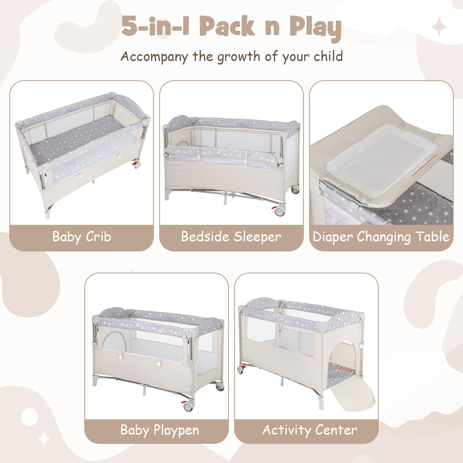 FANTASK 5 in 1 Faltbares Babybett, Beistellbett Baby mit Rollen, Spielbogen & Wickelauflage, Reisebett mit Matratze und Tragetasche, Mobiles Kinderreisebett für Baby bis 3 Jahren (Beige)