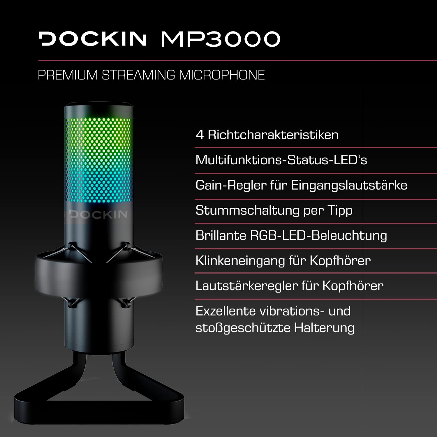 DOCKIN MP3000 - Premium RGB USB Condensateur Microphone pour PC, PS5, PS4 & Mac, 4 Modes d'enregistrement, Plug & Play, Microphone de Jeu PC avec Support, Streaming, Studio Mic pour Podcast, Twitch