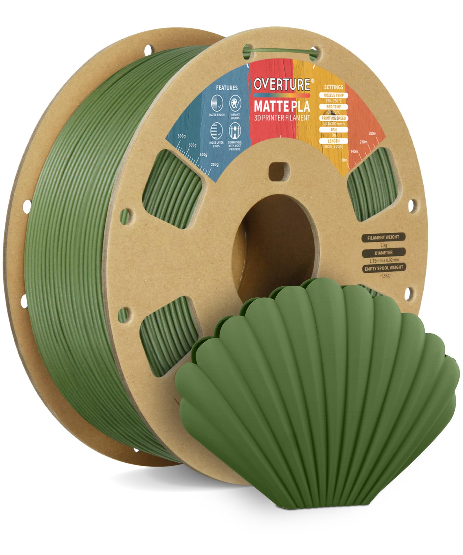 OVERTURE Filamento Matte PLA 1.75mm, 1kg Bobina (2.2lbs) Opaco PLA Filamenti per Stampante 3D, Neatly Wound Filamento Precisione Dimensionale +/- 0.02 mm, Matte Verde Militare