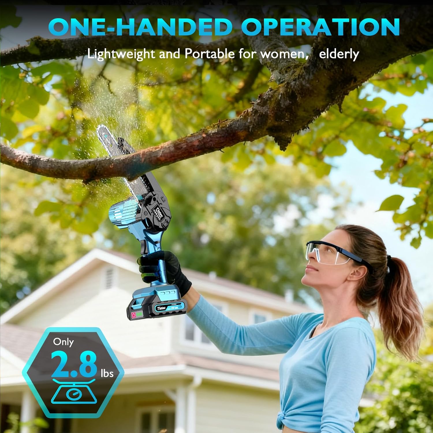 Tietoc Mini Chainsaw, 6 Inch Chain Saw Cordless, 880W Powerful Electric Handheld Chainsaw with Automatic Oiler, with 2 Batteries and 2 Chains, Tree Trimmer Gardening Tools Gift for Men, Father, Dad - Image 6
