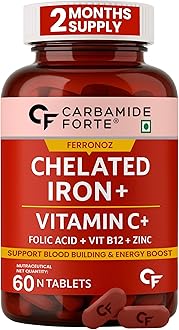 Chelated Iron Supplement for Women and Men | Folic Acid Tablets for Pregnancy | Hemoglobin Booster | 60 Veg Tablets for Hair Growth with Iron Bisglycinate