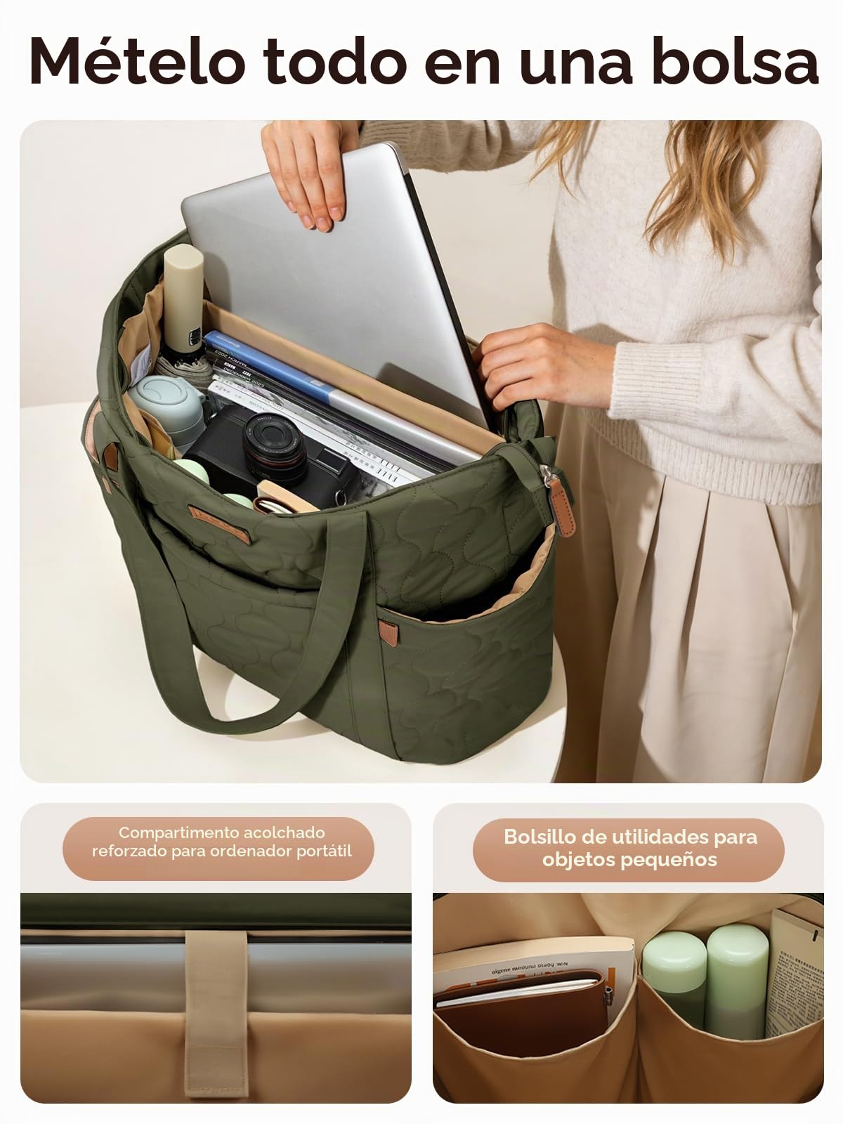 Bolso Tote Mujer Grande, Bolso Shopper Acolchado Ligero con Compartimento para Portátil de 15,6", Bolsa de Hombro con 8 Bolsillos para Trabajo, Universidad y Viaje