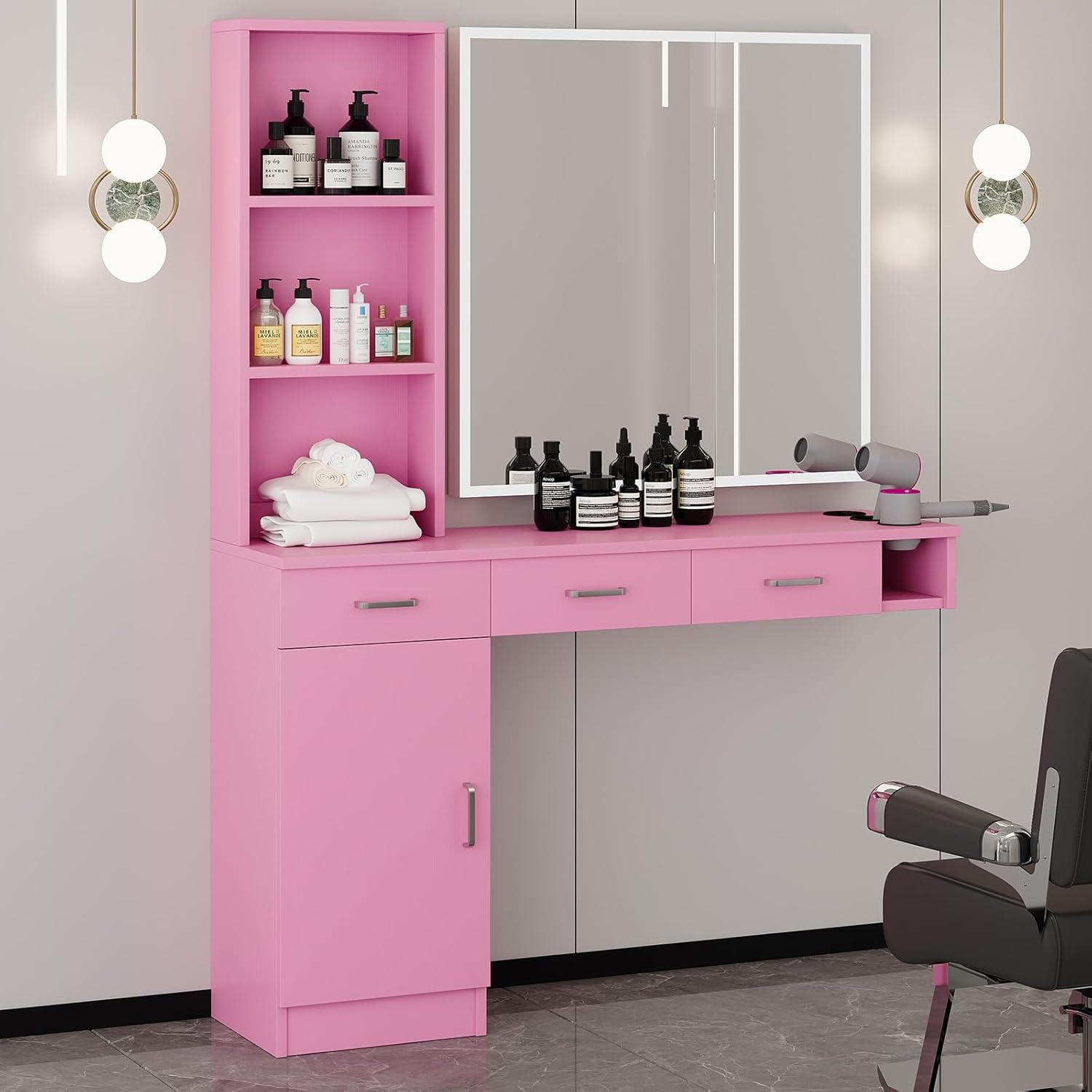 Salon Stations for Hair Stylist, Wall Mount Barber Station with Barber Cabinet, Hair Station Equipment Hair Dryer Holder, Drawers, Storage Cabinet for Hair Styling, Mirror not Included, Pink
