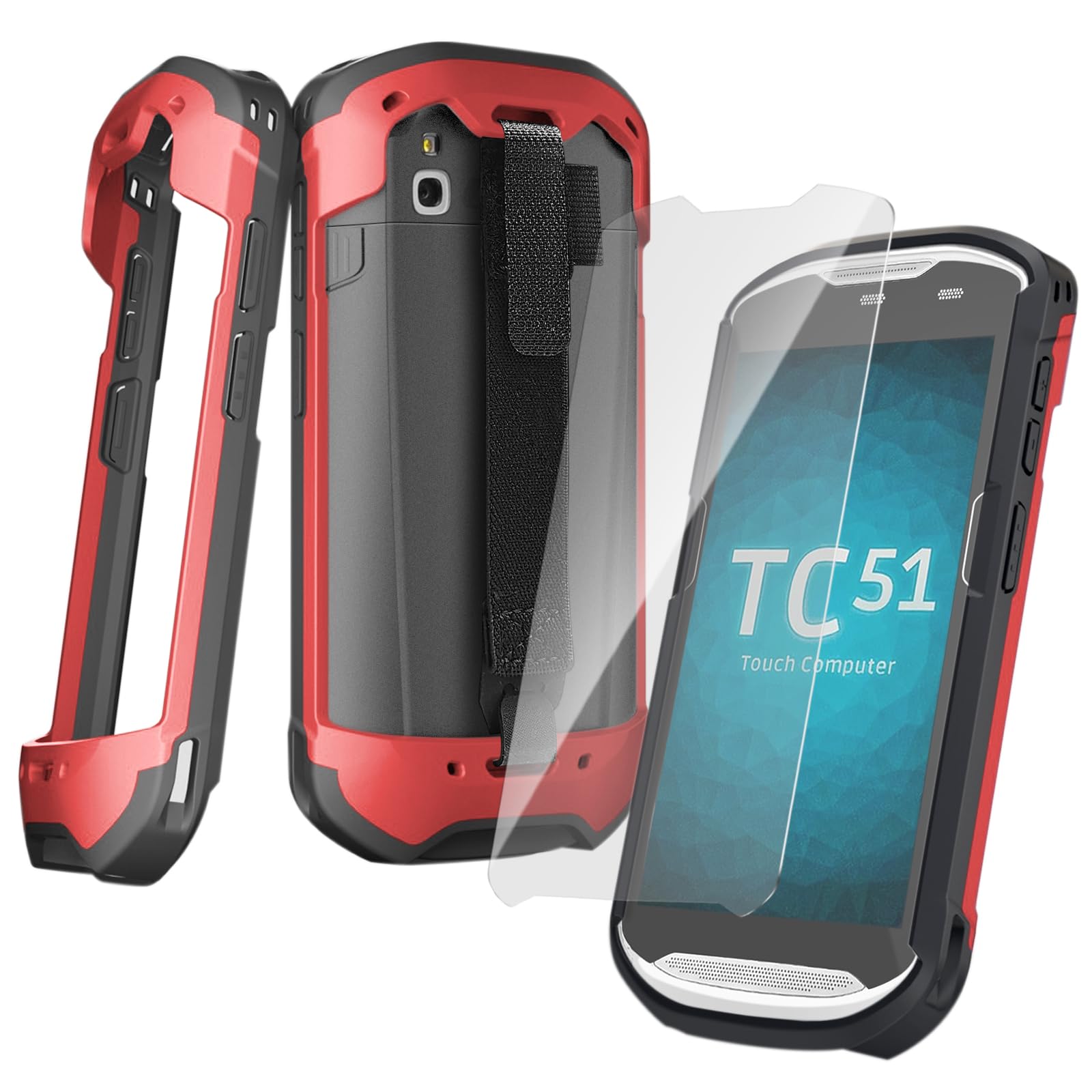 Upgraded Protective Case for Zebra TC51 TC52 TC56 TC57 TC510K Rugged Boot Case Cover for Zebra Scanner TC52x TC57x TC52ax with Hand Strap &amp; Tempered Glass (Red)