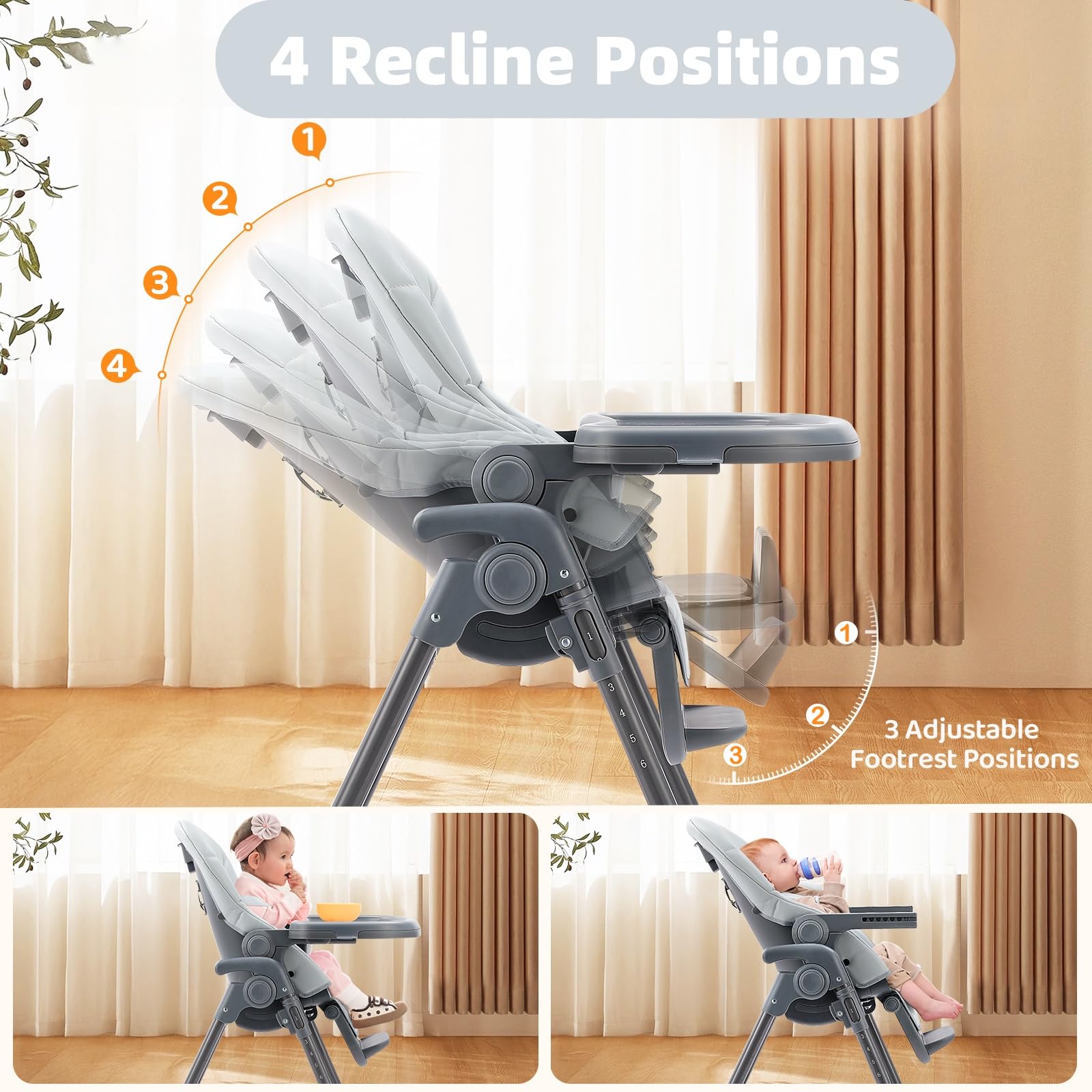 Seggiolone Pappa Pieghevole & Regolabile in Altezza, Seggiolone Confortevole con Schienale Reclinabile, Vassoio Rimovibile, Cintura 5 Punti e Ruote, Salvaspazio (Grigio)