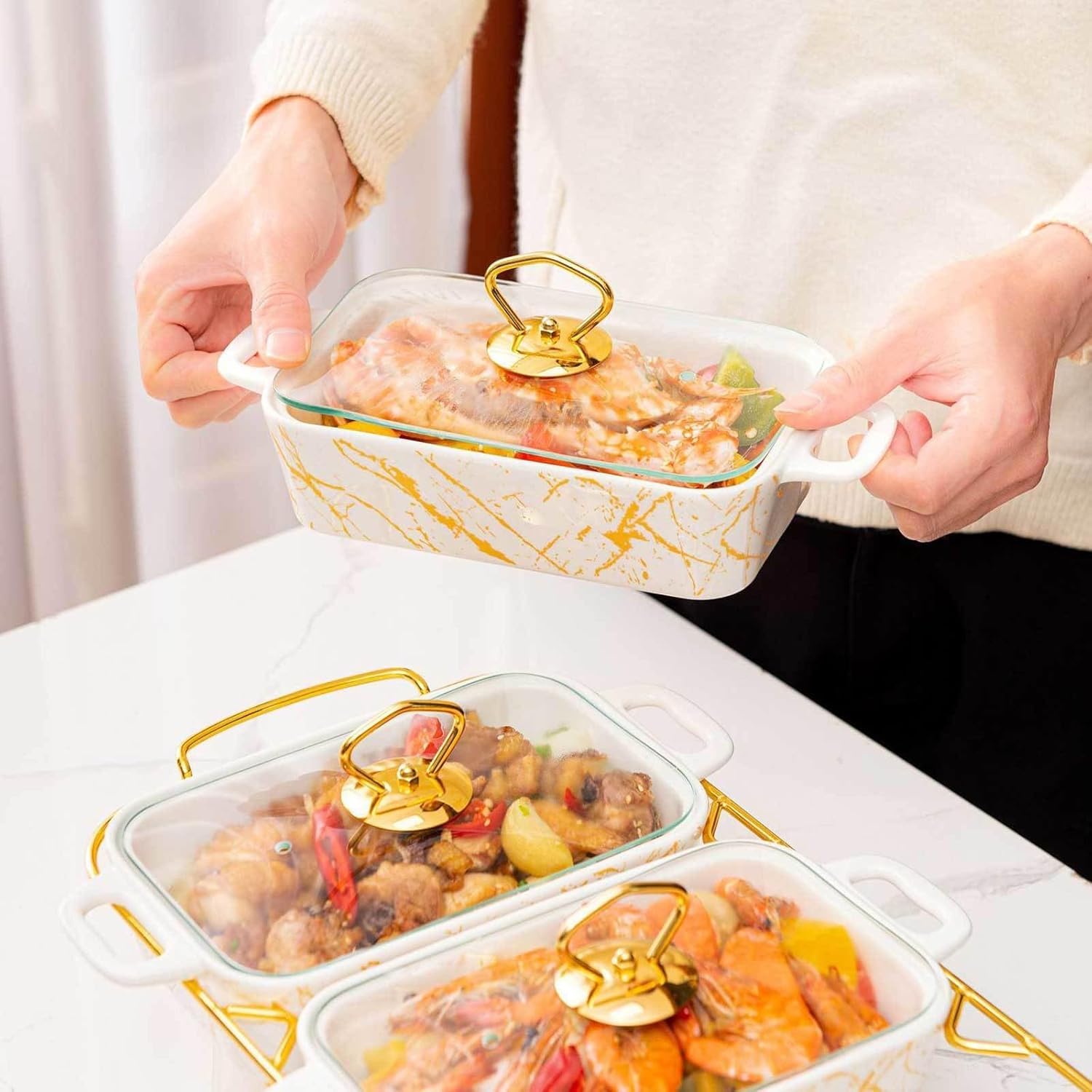Ceramiczny zestaw naczyń do wycierania - podgrzewacze bufetowe ze szklanymi pokrywkami do cateringu, na wesela, urodziny, imprezy i wydarzenia - 9 x 0,9 QT