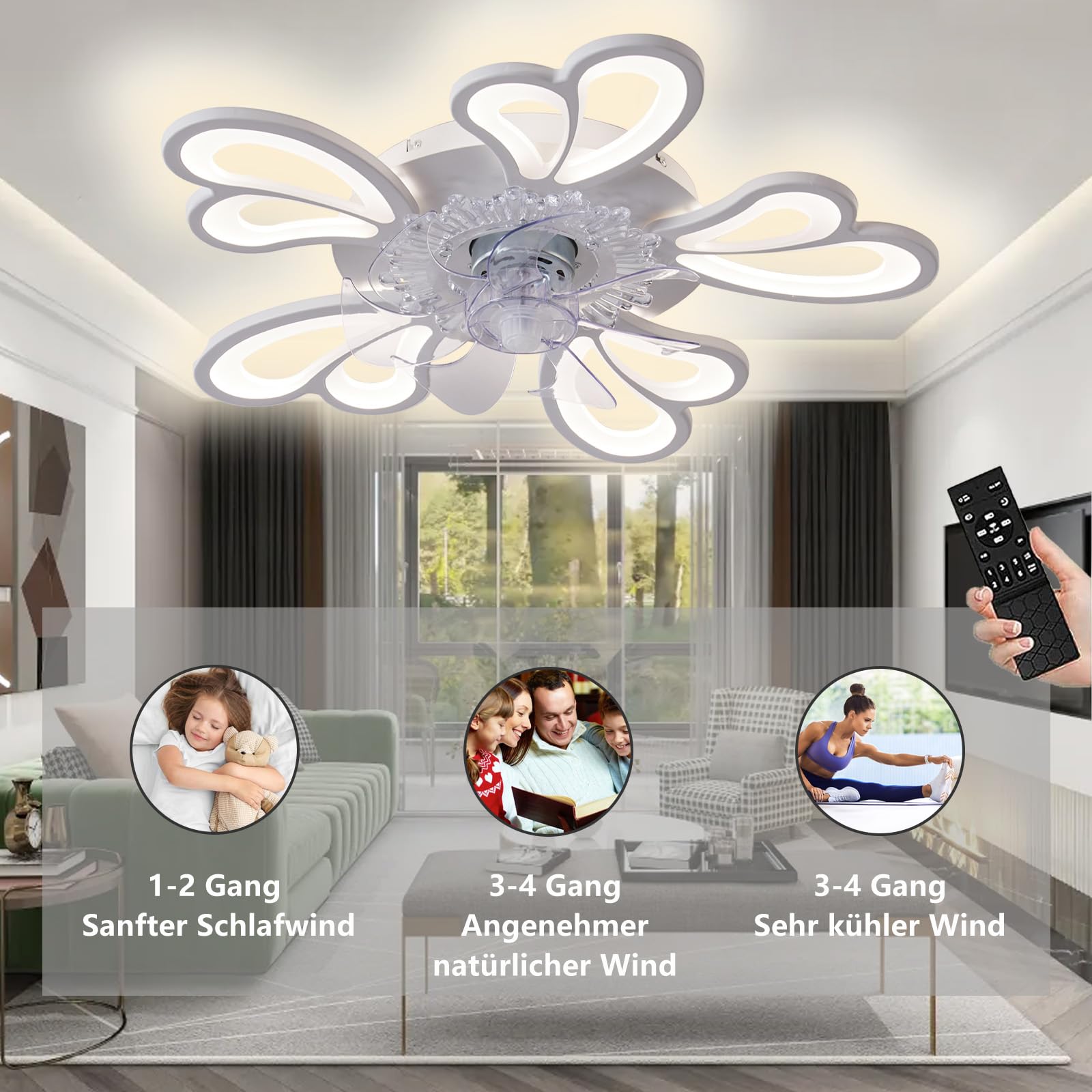 MiiR Leise Deckenventilator Mit Beleuchtung, LED 50W Dimmbare Deckenlampe Mit Ventilator Mit Fernbedienung Und APP, 6-stufige Windgeschwindigkeit Deckenleuchte Für Schlafzimmer Wohnzimmer Lampe