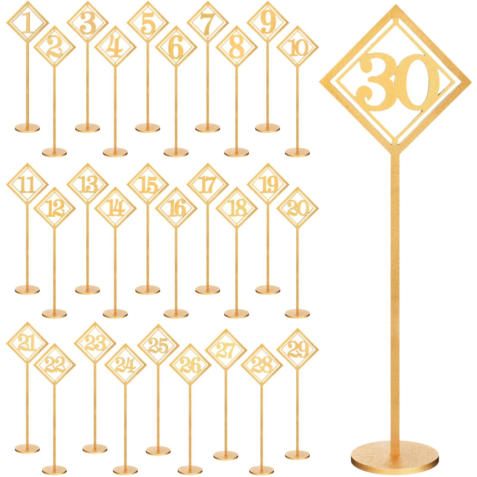 Lineshading Tischnummern aus Holz für Hochzeitsempfang, goldene Sitznummern mit Halterung, Tischnummern 1–30, rustikale Tischnummernständer für Hochzeit, Party, Restaurant, Event, Catering, 30 Stück