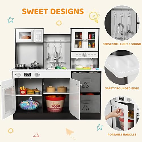 Miniatura 4 de Arlopu Cocina de juego para niños, cocina de juguete de simulación de madera, juego grande de cocina con utensilios de cocina, estufa con luz y