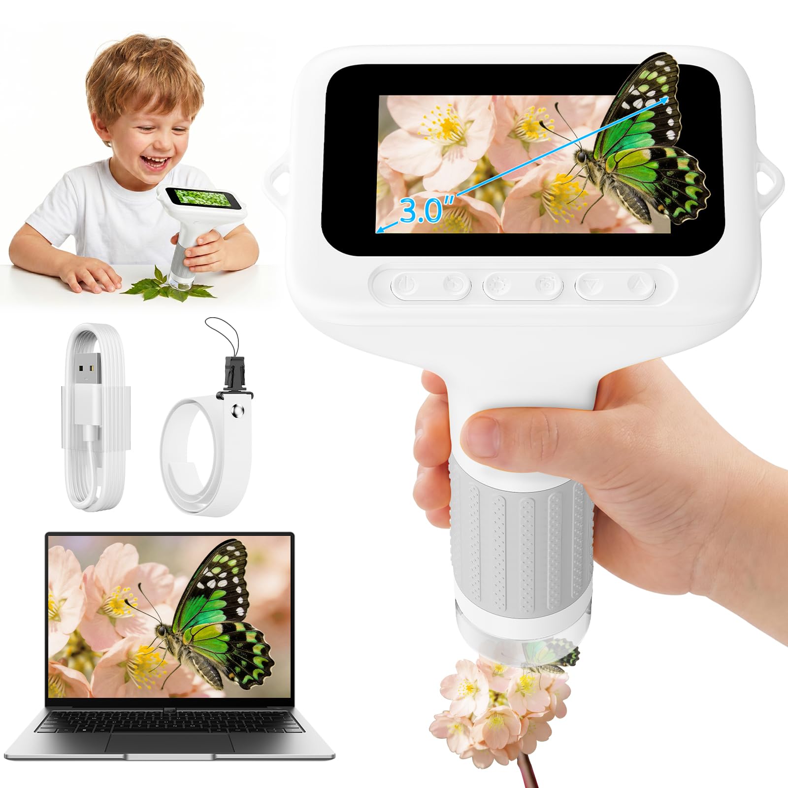 Microscopio Digitale Bambini 1000X, Schermo 3,0 Pollici (Bianco) | Microscopio Portatile con Videos, Funzione Fotografica e Compatibilità PC per Giardini, Boschi e Attività all'Aperto