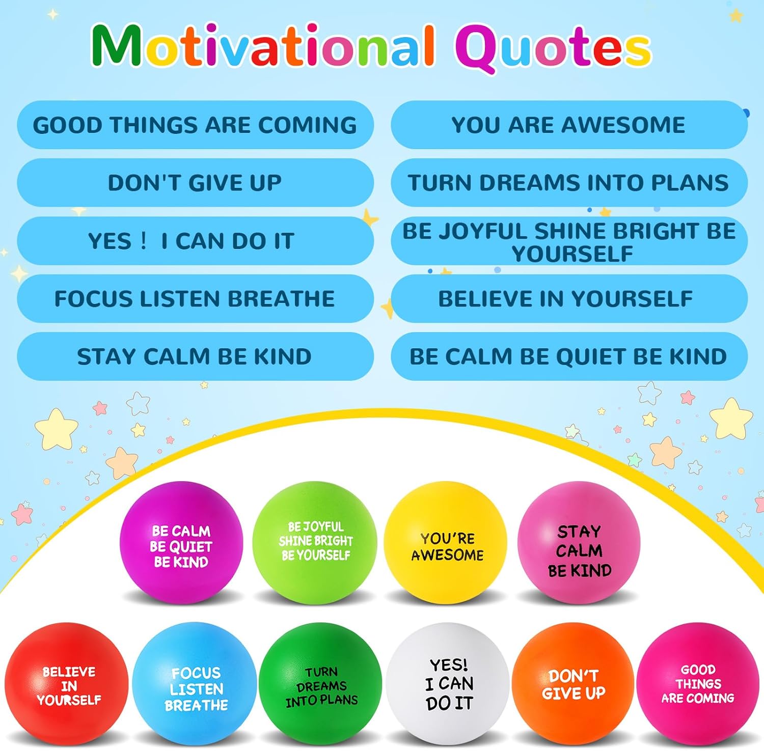 108 Pack Motivational Stress Balls Bulk for Adults, Ten Colorful Foam Anxiety Relief Fidget Squeeze Toys with Inspirational Quotes, Office Appreciation Gifts, Classroom Rewards, Easter Basket Stuffers