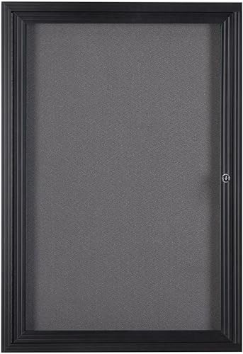 Tablero de corcho de tela para montaje en pared, tablero de mensajes cerrado de 24 x 36 pulgadas con bisagras, puerta abatible abierta, tela gris y