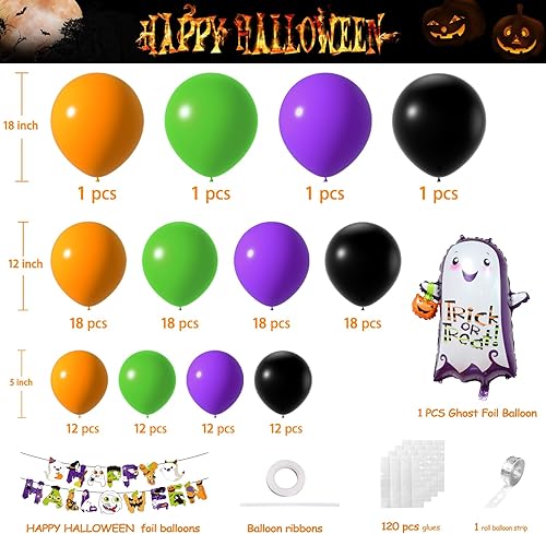 Miniatura 3 de Arco de globos de Halloween, 128 piezas, kit de decoración de fiesta de Halloween con pancarta de Halloween, globos de papel de aluminio fantasma,