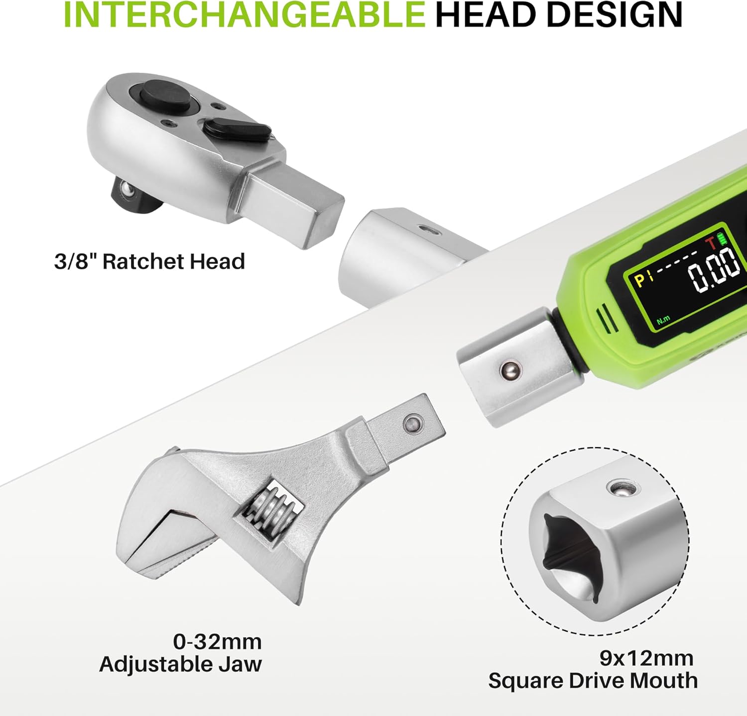 Adjustable Digital Torque Wrench 3/8" Drive-0.66-44.25Ft.Lb/0.9-60N.m, Interchangeable Electronic Torque Wrench with 32 mm Open End,2% Accuracy for HVAC,Automotive, Moto and Narrow Pipeline