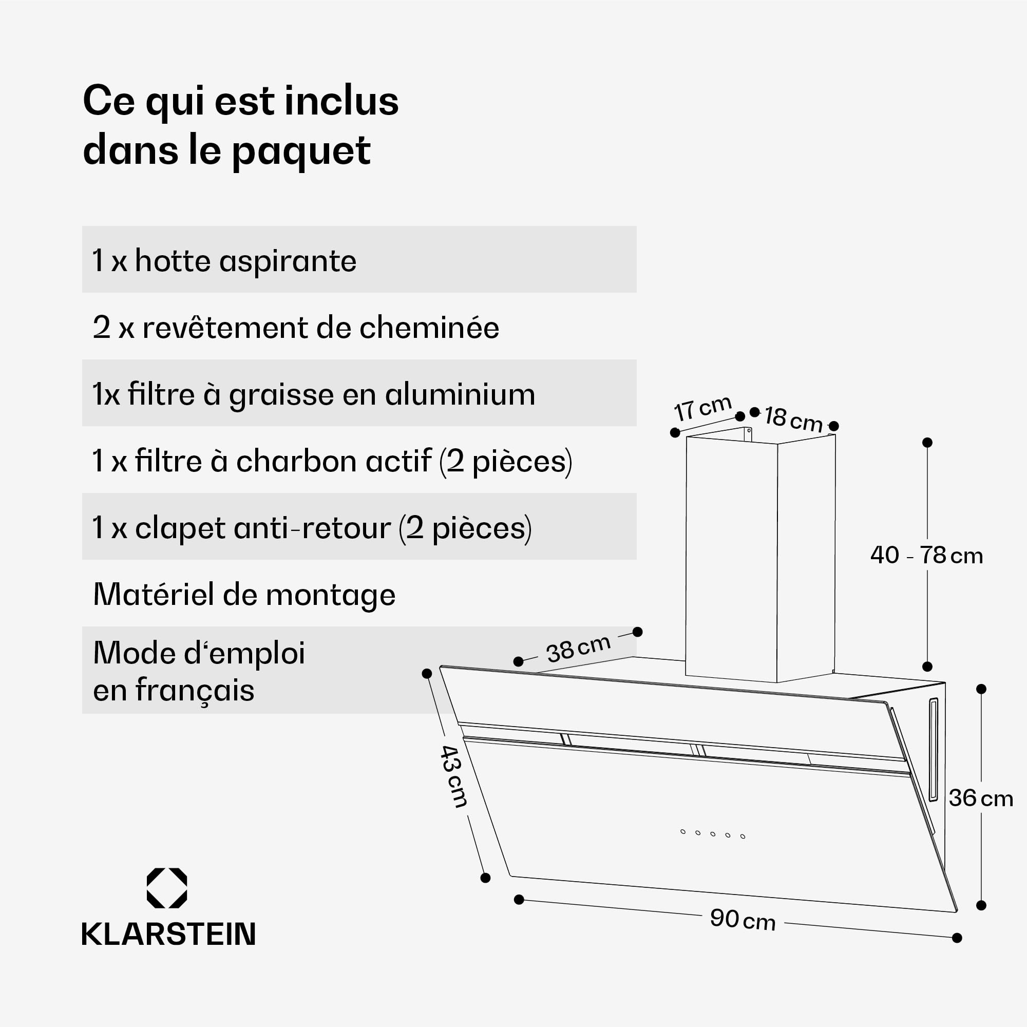 Klarstein Alina hotte aspirante 90 cm murale 615 m³/h LED 9 couleurs tactile classe A 54 dB noire extraction recirculation