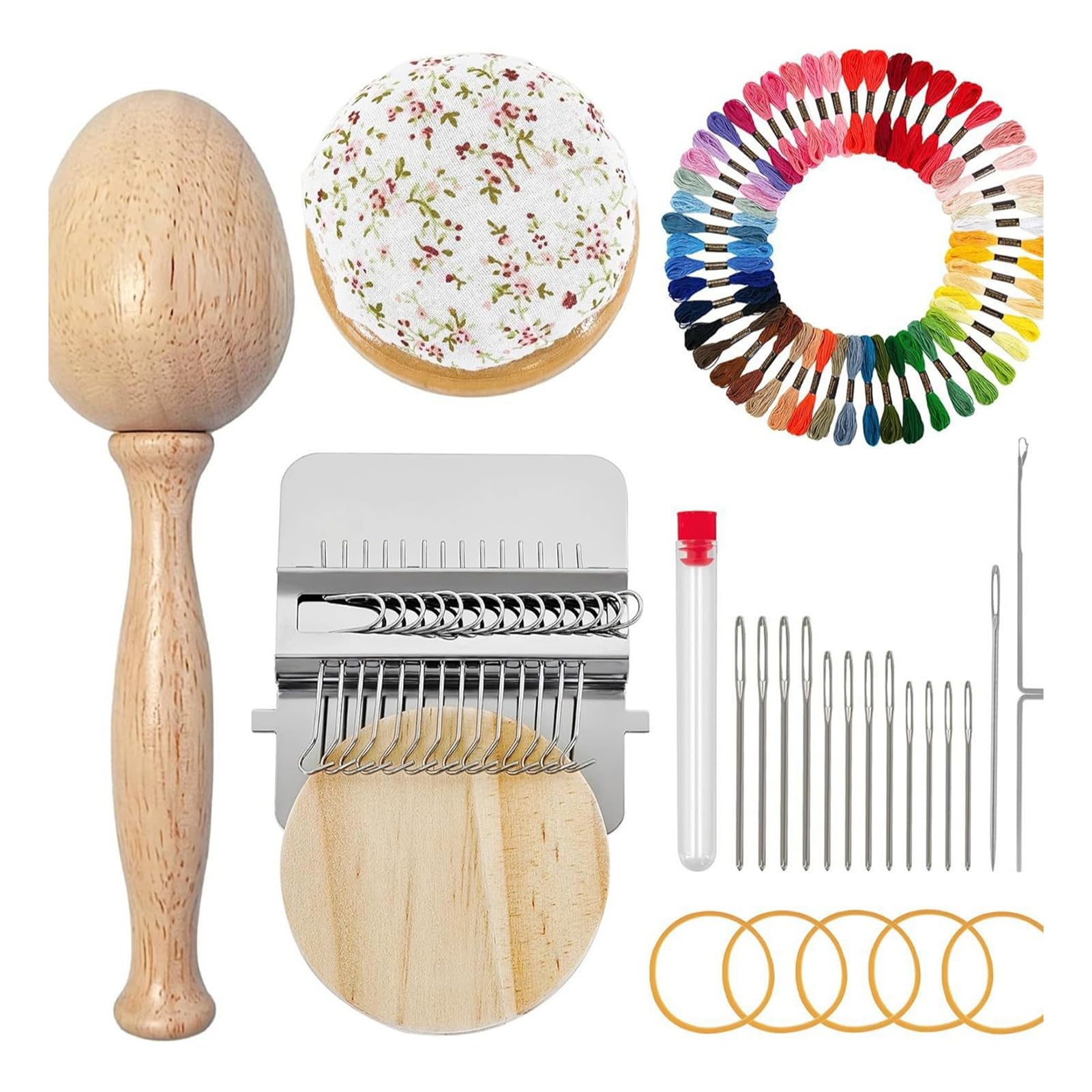 matumou Mini Darning Loom Kit Wooden Darning Mushroom Knit Patch Maker Kit Weaving Loom with 50 Color Threads Large Eye Needles for