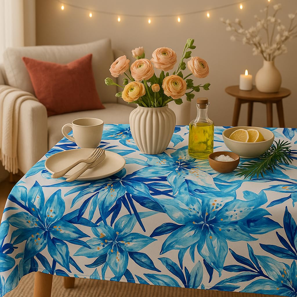 WWW.THROWPILLOW.IN Blue Leaves Print Boho Printed Dining Table Cover Square Shape 43"x 43", Anti Skid Table Cloth for 20x20-30x30 Center Table, Coffee Table|Living Room Diwali Decor 4