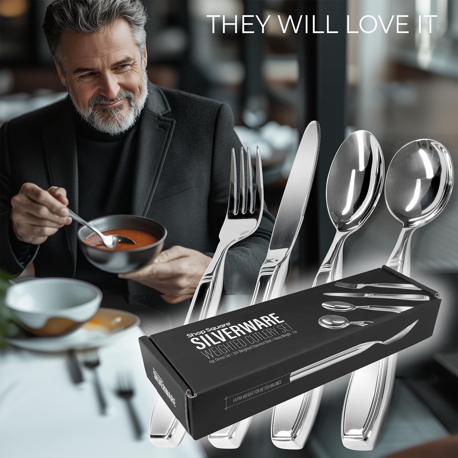 Utensilios pesados para temblores de manos y pacientes con Parkinson, juego de 4 piezas de cubiertos con peso para ancianos, artritis, agarre débil de la mano, práctica bolsa de viaje, acero