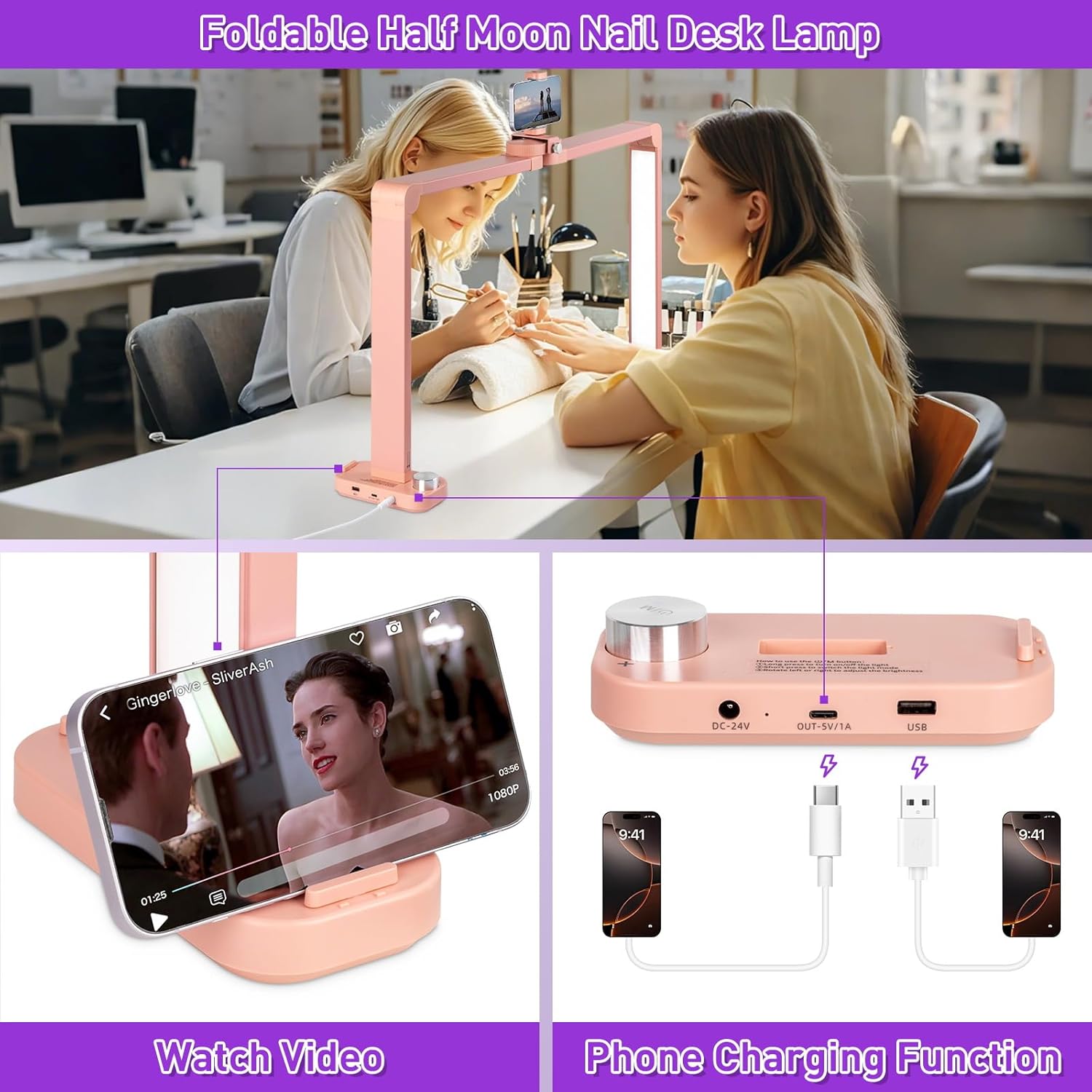 HITTI 456 LEDs Bright Nail Tech Lamp for Desk, 34 Inch Foldable Large Nail Arch Light with Phone Holder, Stepless Dimming & 3 Modes Half Moon Table Light for Manicure/Lash Extension/Tattoo/Beauty