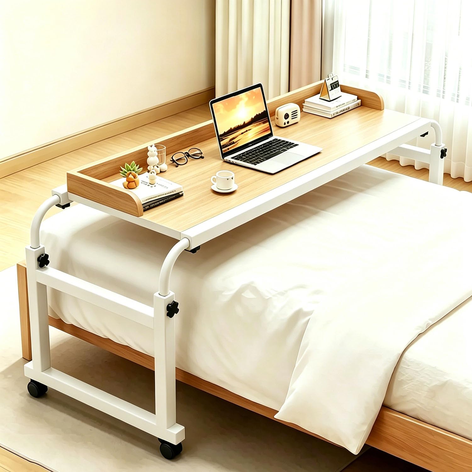 GXQFC Height Adjustable Overbed Table with Wheels, Mobile Rolling Laptop Desk with Anti-Drop Guardrail, Large Over Bed Workstation for Double Bed, Bedroom Working & Eating(Color:Wood)