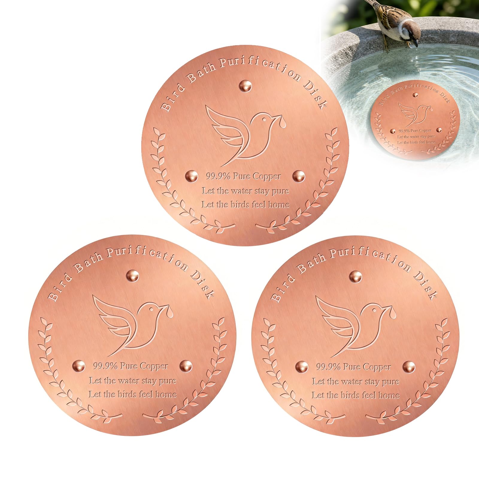Hounyou 3 Pcs Bird Bath Copper Disk. 99.9% Bird Bath Purification Disc for Keeping Birdbath Water Fresh All Birdbath Bowls