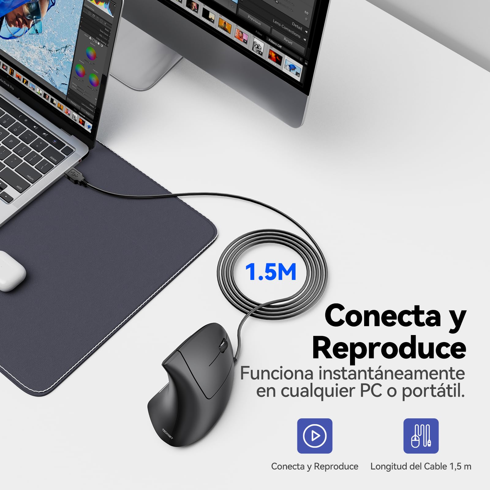 TECKNET Ratón Vertical con Cable Ergonómico Silencioso, 6400DPI 4 Niveles Ajustables, USB 1,5 m, 6 Botones, para Laptop, Desktop, PC, Macbook (Negro)