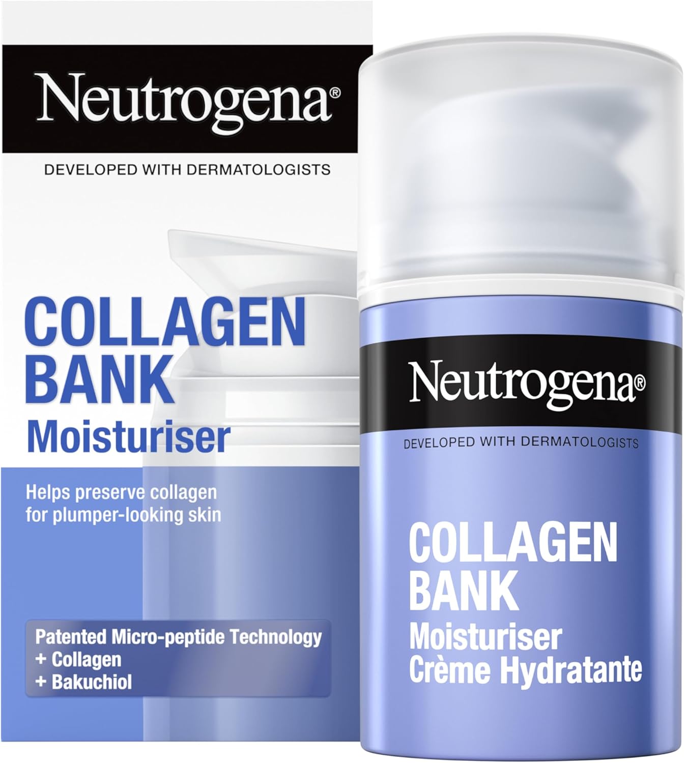 Neutrogena Collagen Bank Face Moisturiser with Bakuchiol, Daily Anti-Ageing Face & Neck Collagen Cream with Micro-peptides and antioxidant Bakuchiol, for all skin types, 50ml